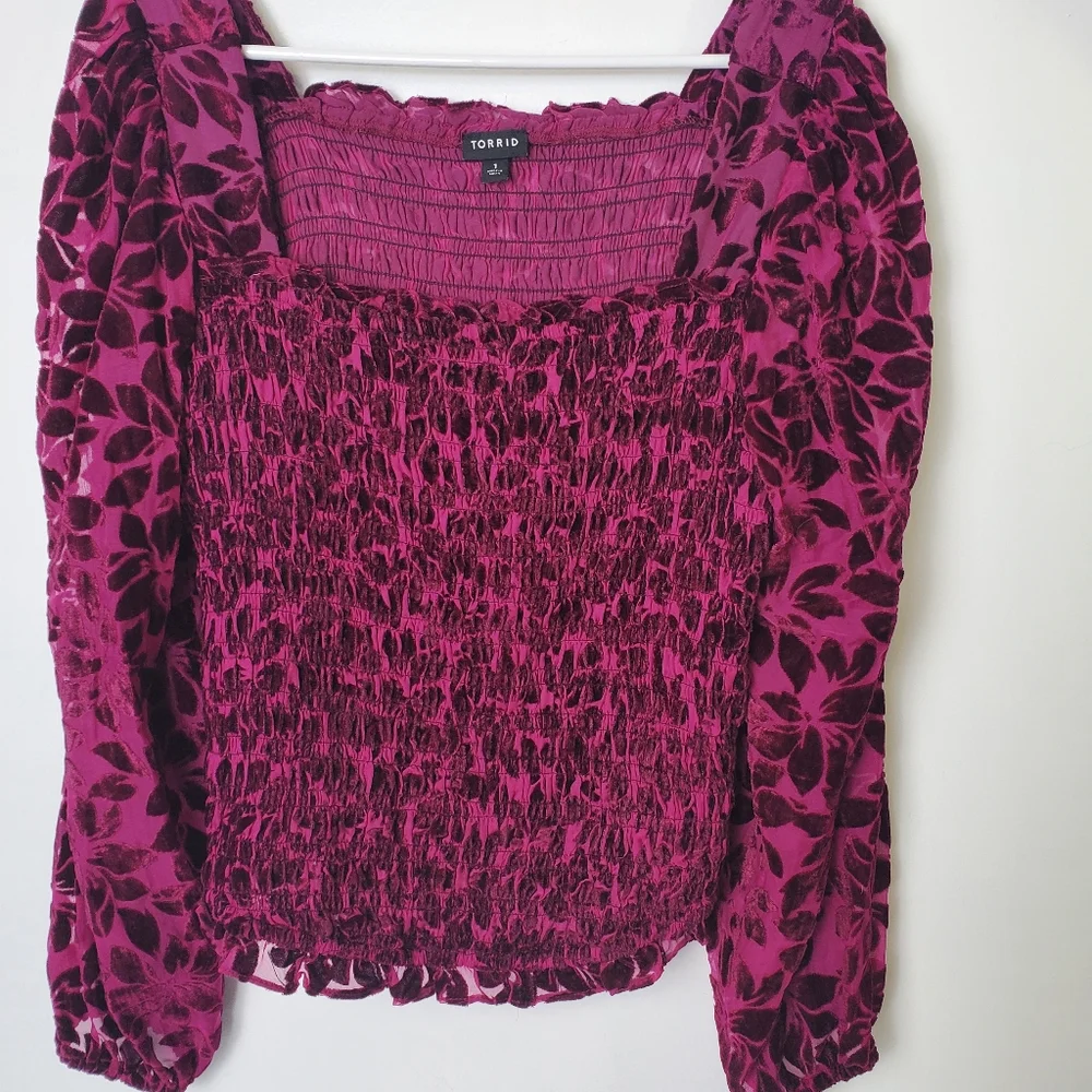 Torrid Velvet Smocked Blouson Sleeve Crop Top